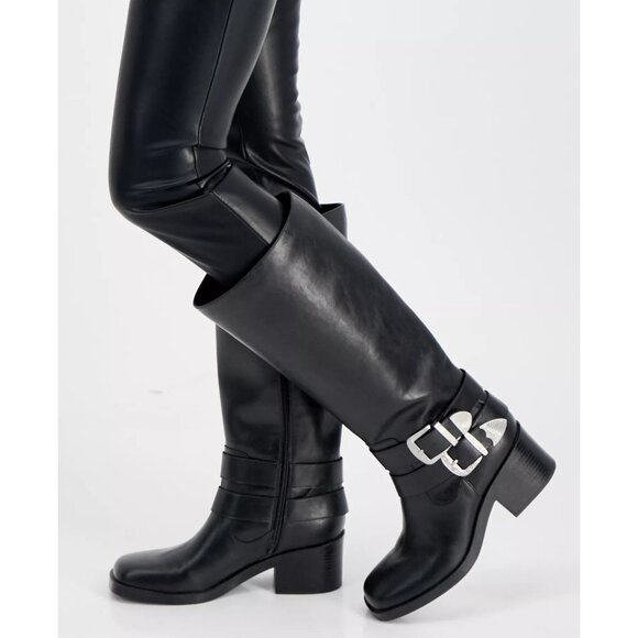 100$ Wild Pair Buckk Buckle Moto Boots Women's Size 11 US Black Smooth - Picture 2 of 4